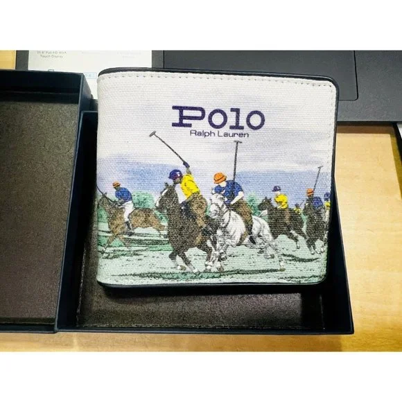 Polo Ralph Lauren Men's Equestrian Polo Player Print Canvas Billfold Wallet - Picture 12 of 15